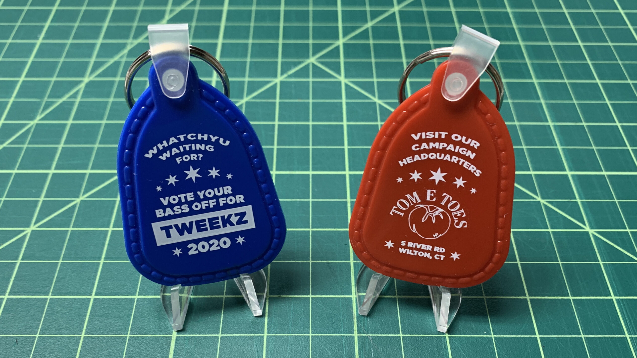 Tweekz Saddle Tag Keychains on Green - 16x9